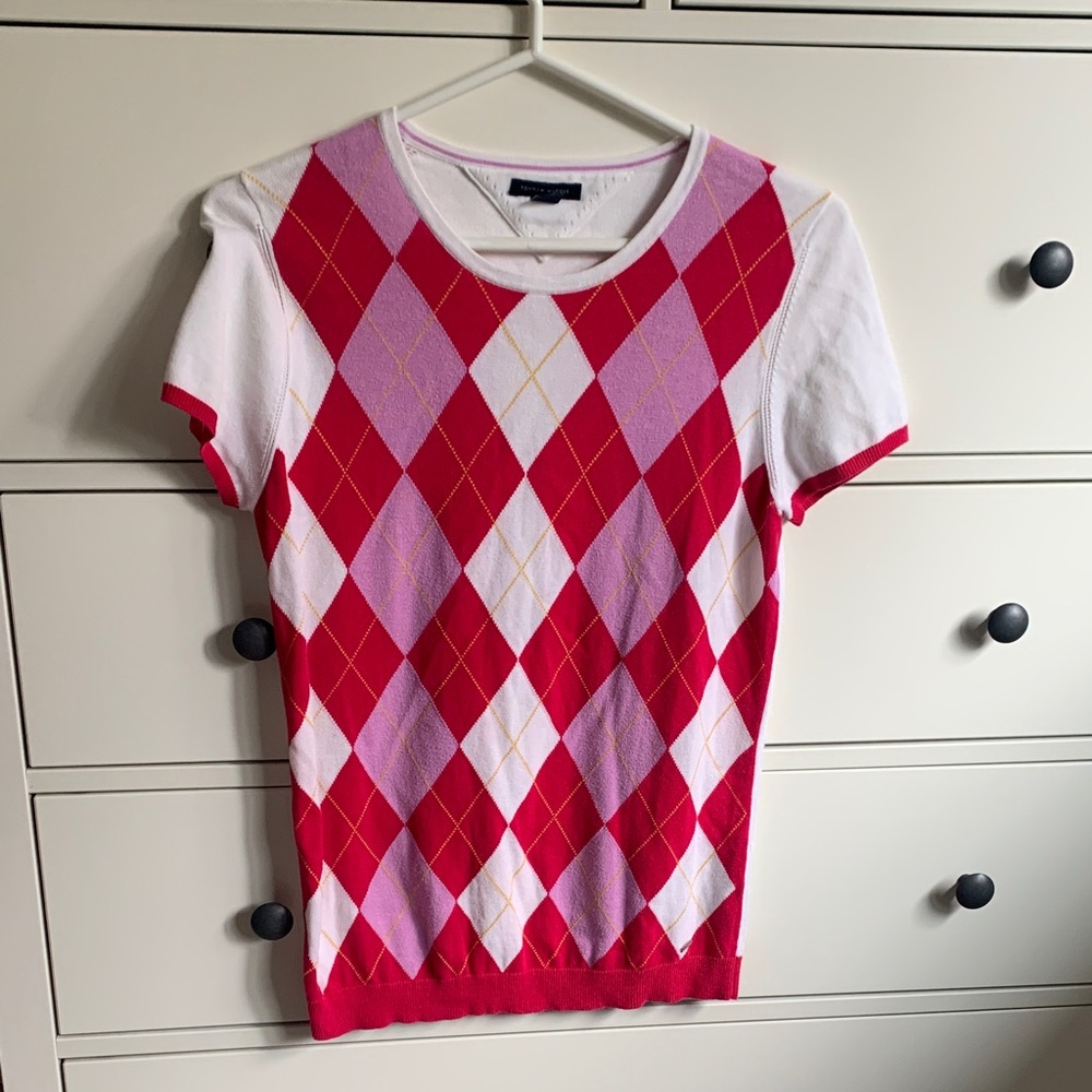 Tommy Hilfiger Pink, Red & White Argyle Knit Top
